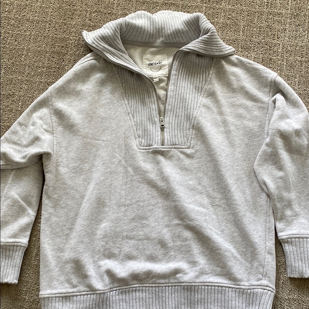 Aerie Gray Quarter Zip Up Sweater with Ribbed Cuffs